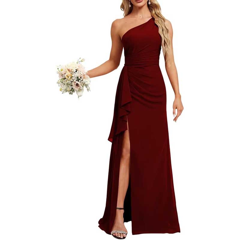 One Shoulder Long Bridesmaid Dresses High Split Prom Dresses