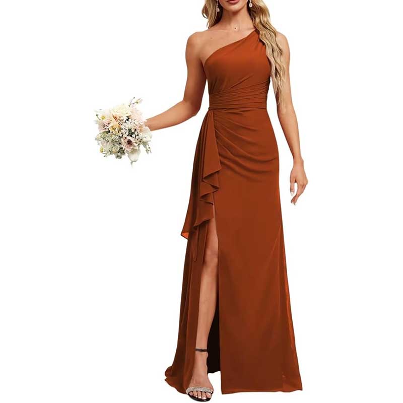 One Shoulder Long Bridesmaid Dresses High Split Prom Dresses