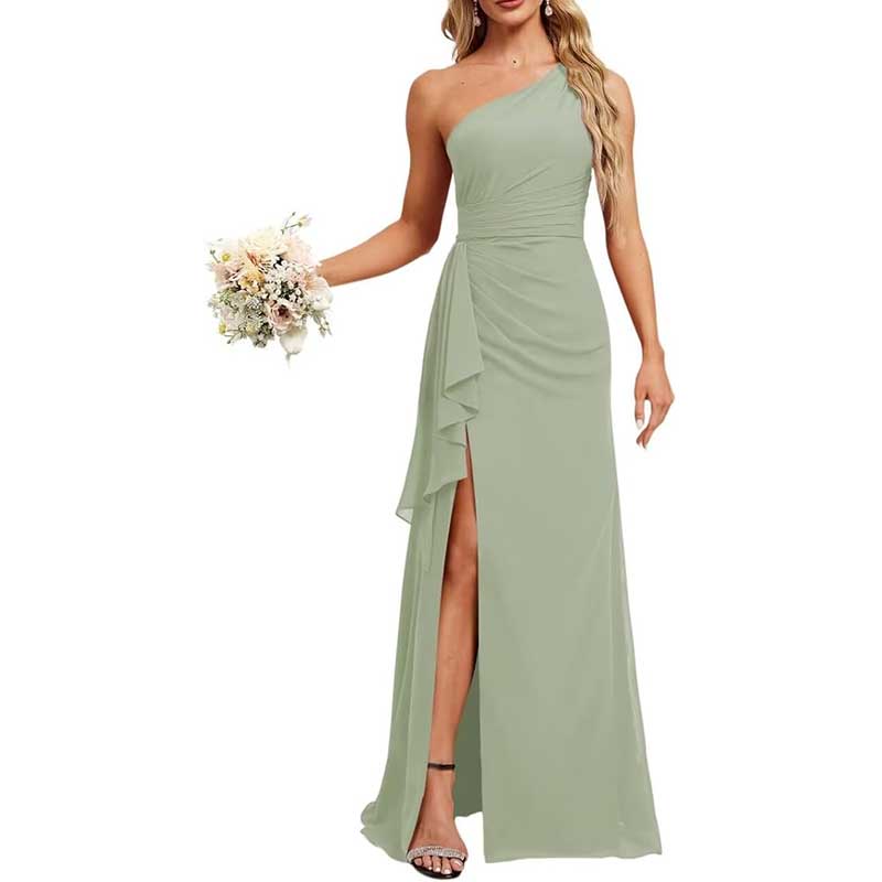 One Shoulder Long Bridesmaid Dresses High Split Prom Dresses