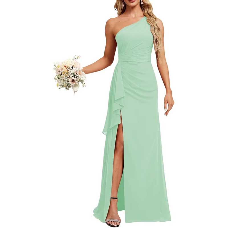 One Shoulder Long Bridesmaid Dresses High Split Prom Dresses