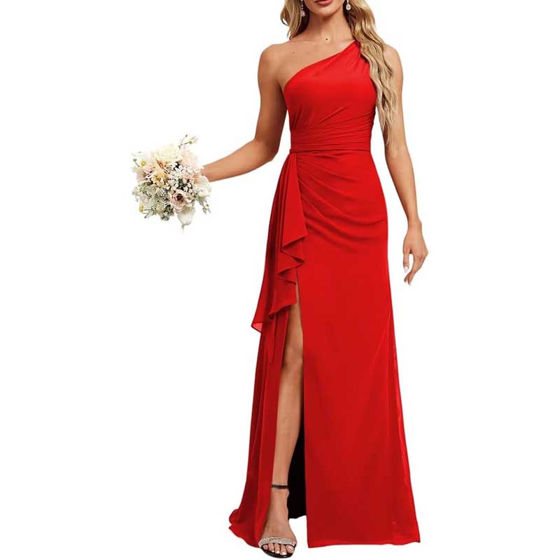 One Shoulder Long Bridesmaid Dresses High Split Prom Dresses