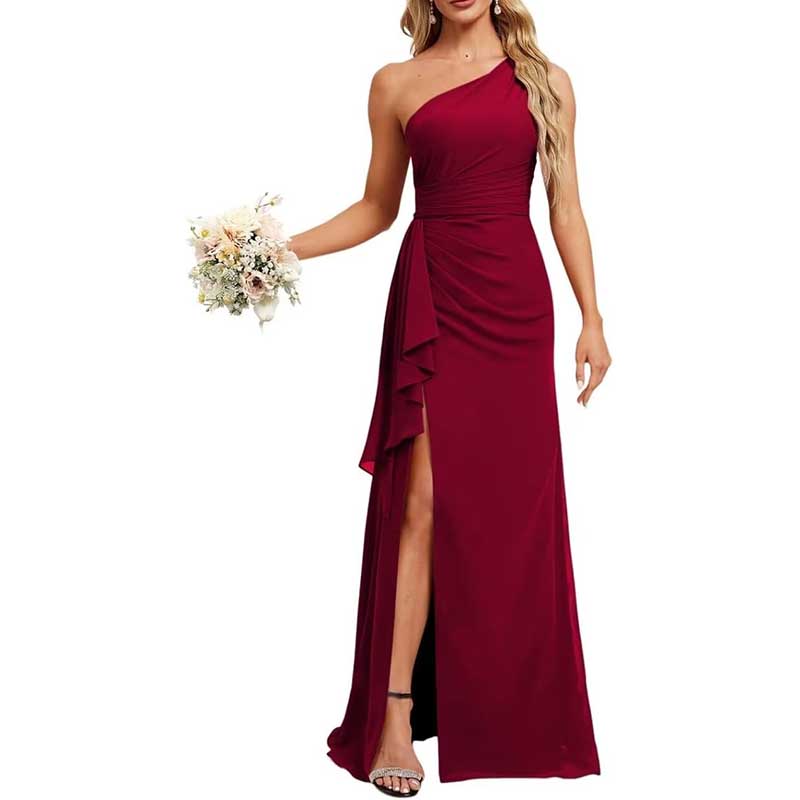 One Shoulder Long Bridesmaid Dresses High Split Prom Dresses
