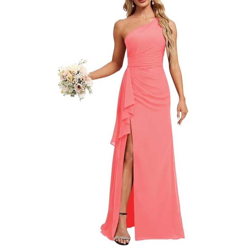 One Shoulder Long Bridesmaid Dresses High Split Prom Dresses