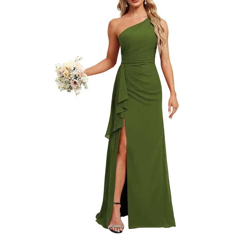 One Shoulder Long Bridesmaid Dresses High Split Prom Dresses