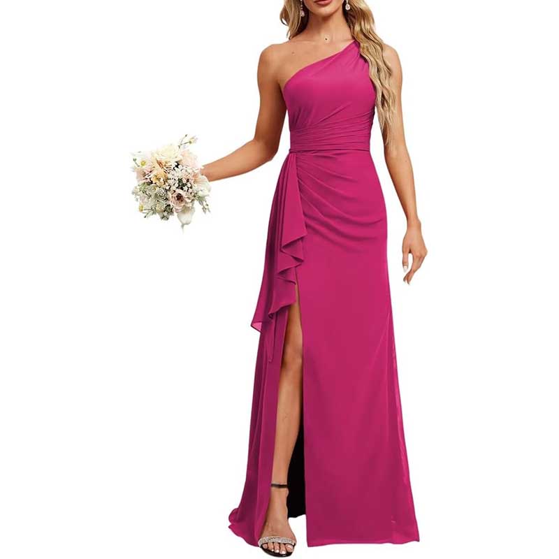 One Shoulder Long Bridesmaid Dresses High Split Prom Dresses