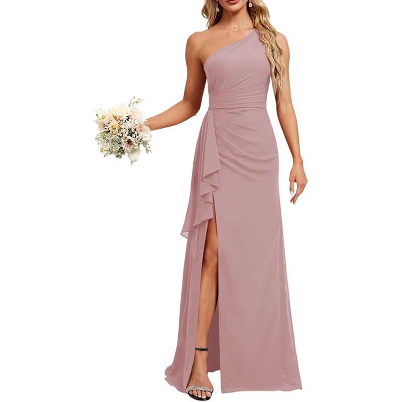 One Shoulder Long Bridesmaid Dresses High Split Prom Dresses