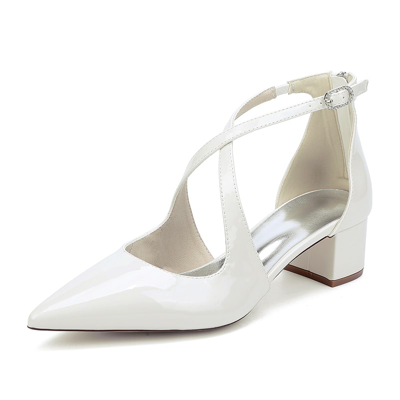 Patent Leahter Dress Shoes Chunky Heel Bridal Heels Crossing Straps Shoes