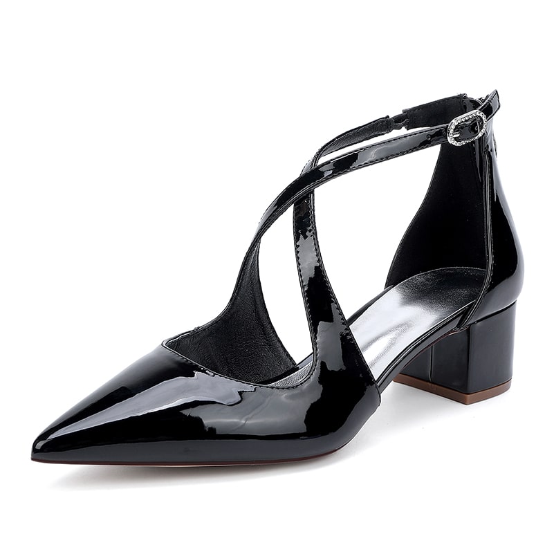 Patent Leahter Dress Shoes Chunky Heel Bridal Heels Crossing Straps Shoes