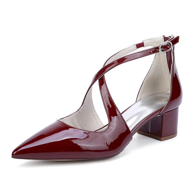 Patent Leahter Dress Shoes Chunky Heel Bridal Heels Crossing Straps Shoes