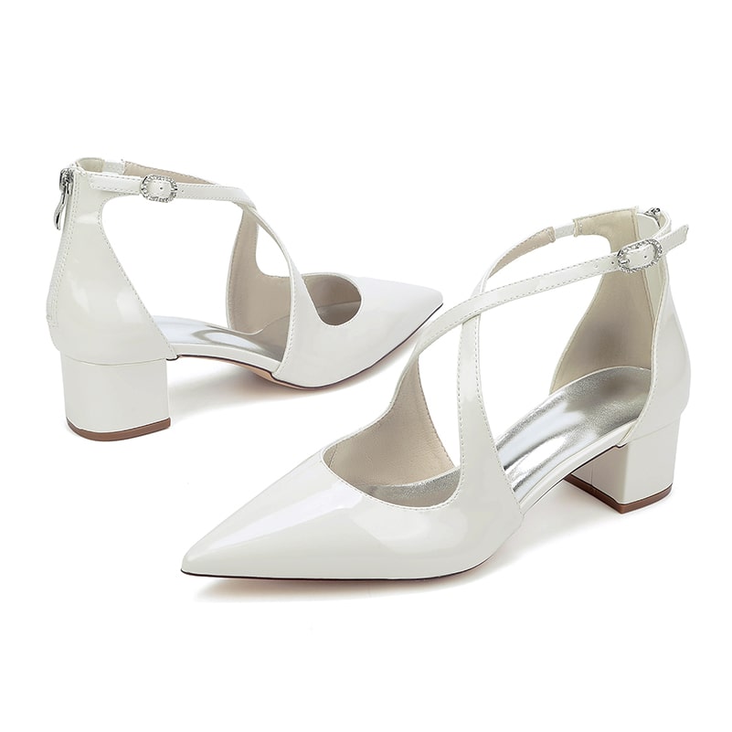 Patent Leahter Dress Shoes Chunky Heel Bridal Heels Crossing Straps Shoes