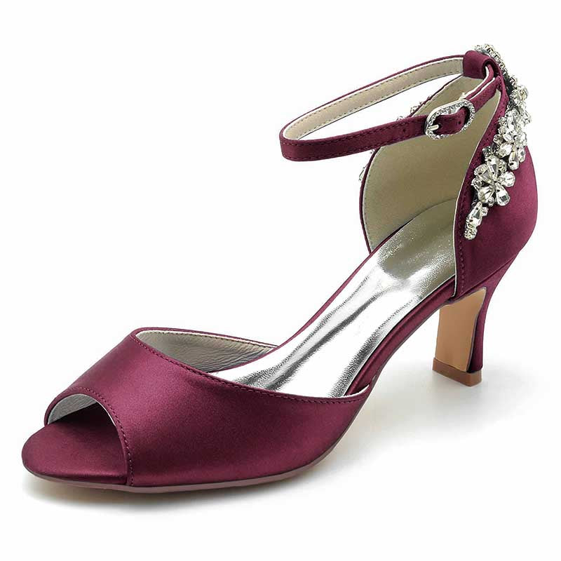 2.56" Peep Satin Prom Shoes Ankle Strap Wedding Shoes With Rhinestone