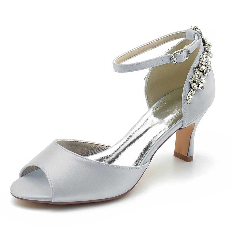 2.56" Peep Satin Prom Shoes Ankle Strap Wedding Shoes With Rhinestone