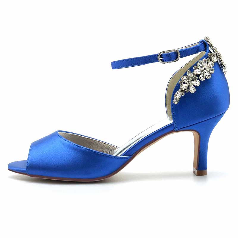2.56" Peep Satin Prom Shoes Ankle Strap Wedding Shoes With Rhinestone