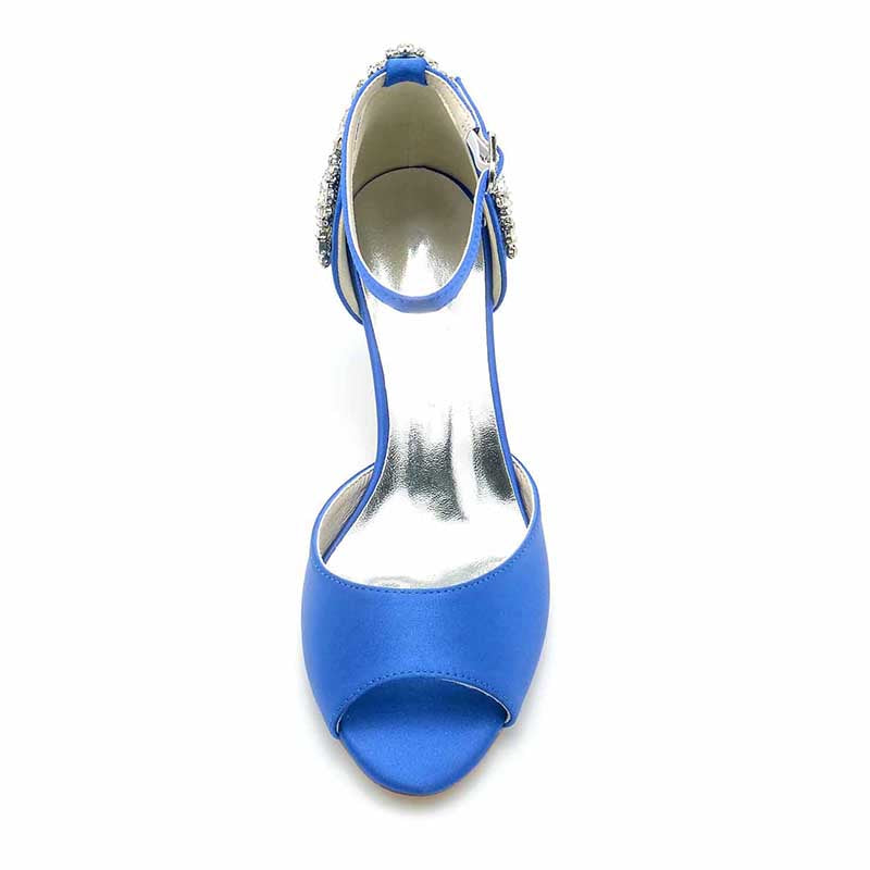 2.56" Peep Satin Prom Shoes Ankle Strap Wedding Shoes With Rhinestone