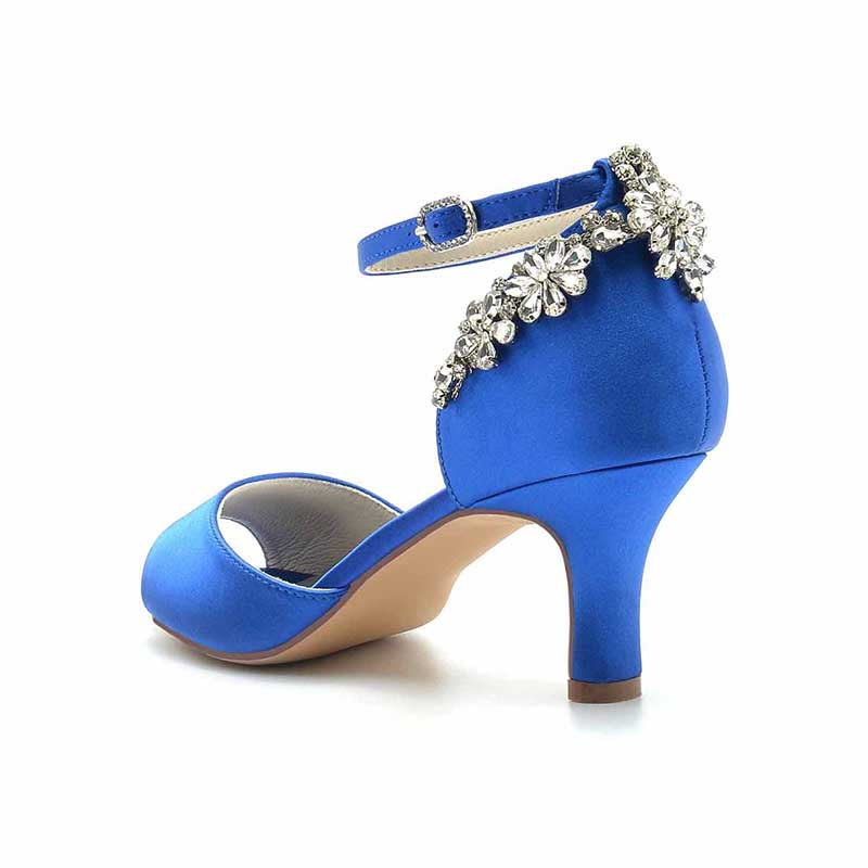 2.56" Peep Satin Prom Shoes Ankle Strap Wedding Shoes With Rhinestone