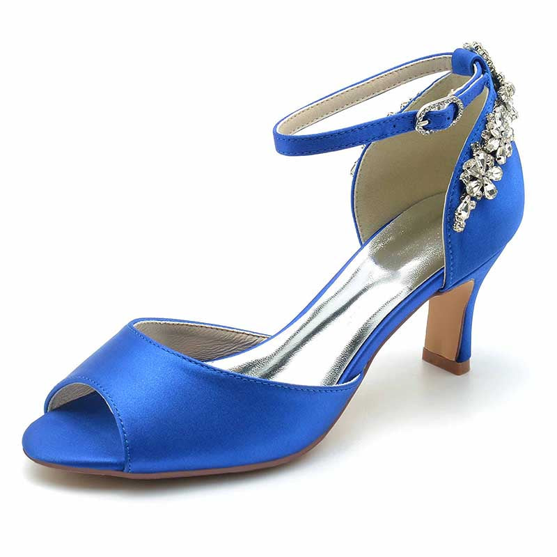 2.56" Peep Satin Prom Shoes Ankle Strap Wedding Shoes With Rhinestone