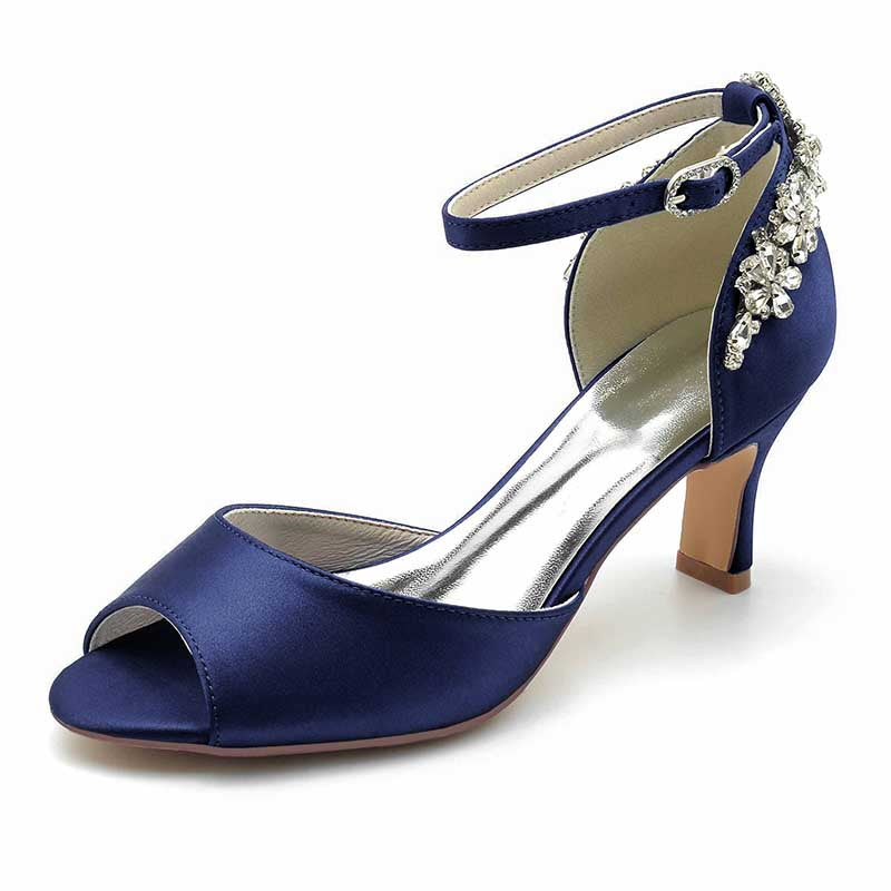 2.56" Peep Satin Prom Shoes Ankle Strap Wedding Shoes With Rhinestone