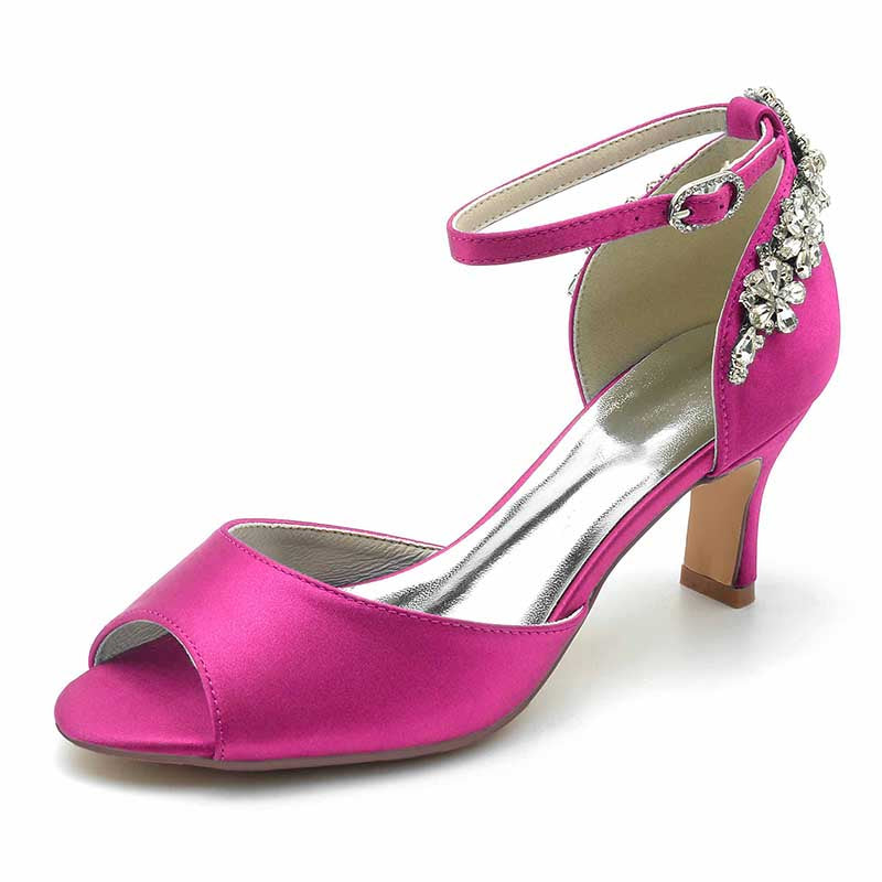 2.56" Peep Satin Prom Shoes Ankle Strap Wedding Shoes With Rhinestone