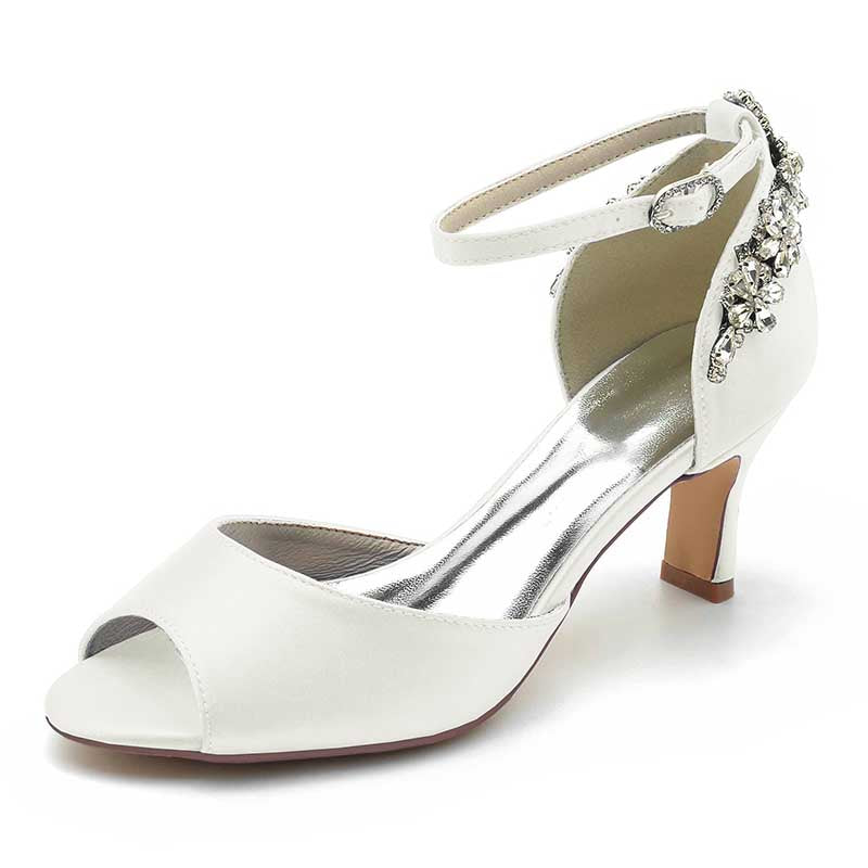 2.56" Peep Satin Prom Shoes Ankle Strap Wedding Shoes With Rhinestone