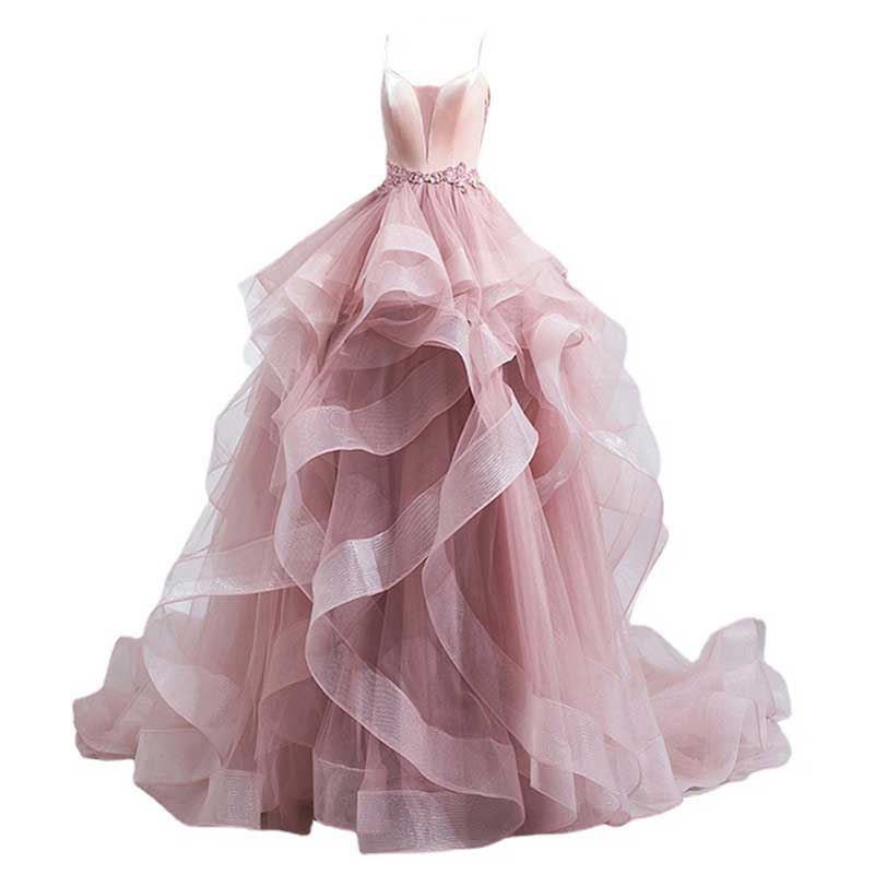 Pink Ruffled Gown With Train Straps Bride Wedding Prom Dress