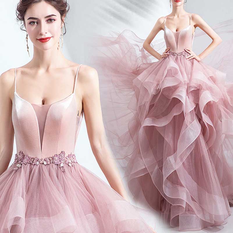 Pink Ruffled Gown With Train Straps Bride Wedding Prom Dress