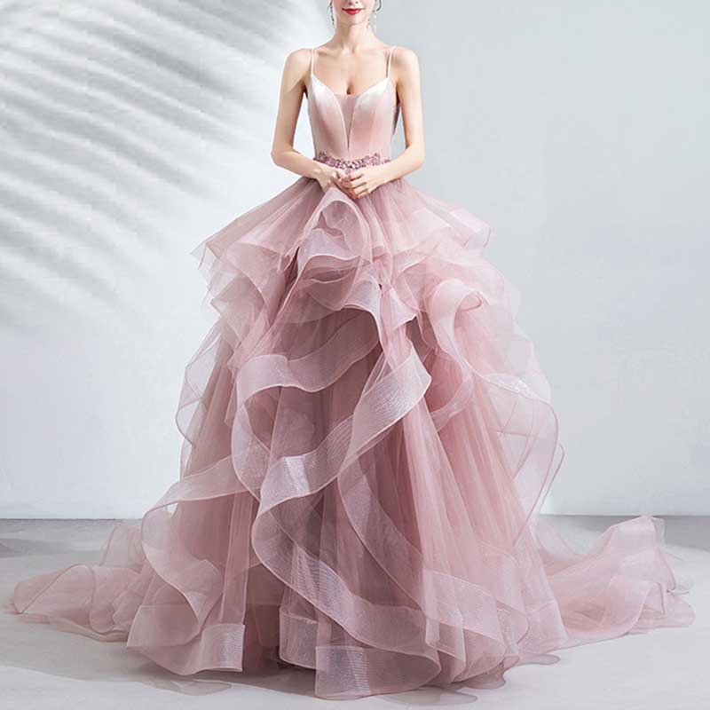 Pink Ruffled Gown With Train Straps Bride Wedding Prom Dress