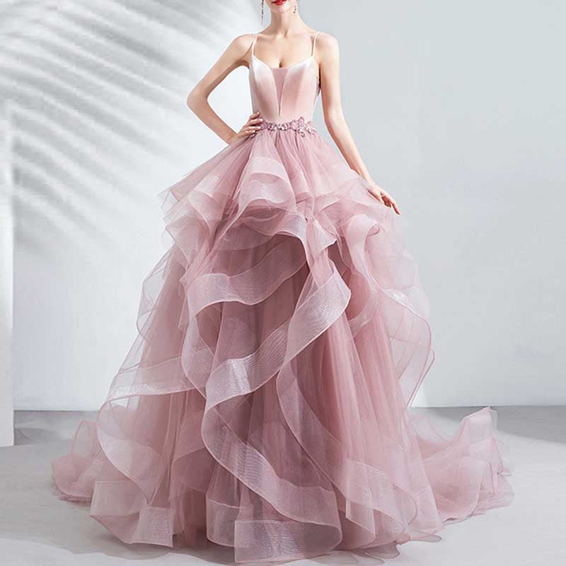 Pink Ruffled Gown With Train Straps Bride Wedding Prom Dress