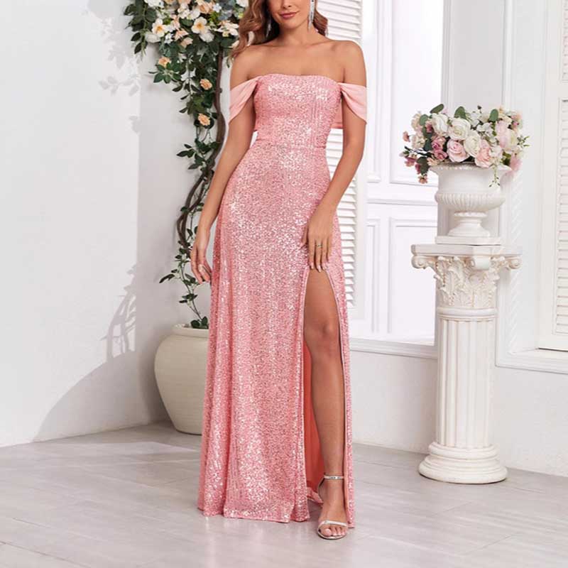 Pink Wedding Guest Dress Sequin Dress With High Split Long Prom Dress