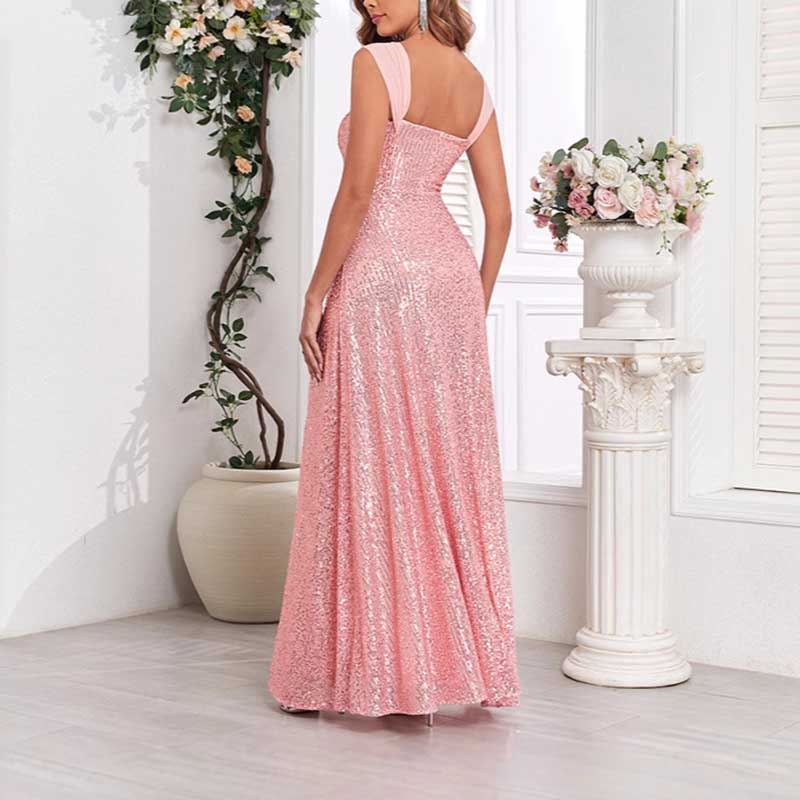 Pink Wedding Guest Dress Sequin Dress With High Split Long Prom Dress