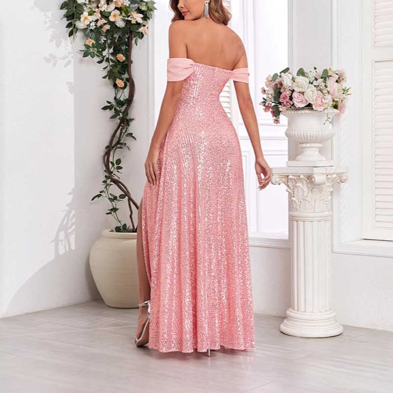 Pink Wedding Guest Dress Sequin Dress With High Split Long Prom Dress