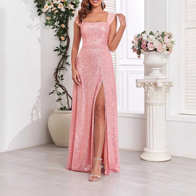 Pink Wedding Guest Dress Sequin Dress With High Split Long Prom Dress