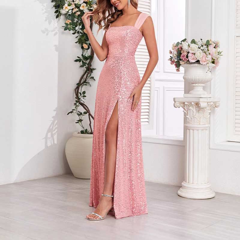 Pink Wedding Guest Dress Sequin Dress With High Split Long Prom Dress