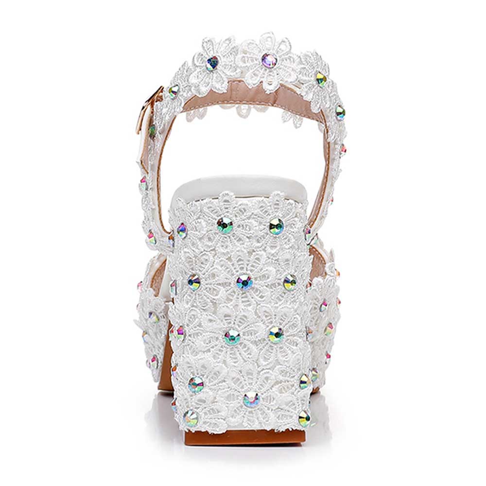 Platform Wedding Shoes Flower Appliqued Block Bridal Shoes