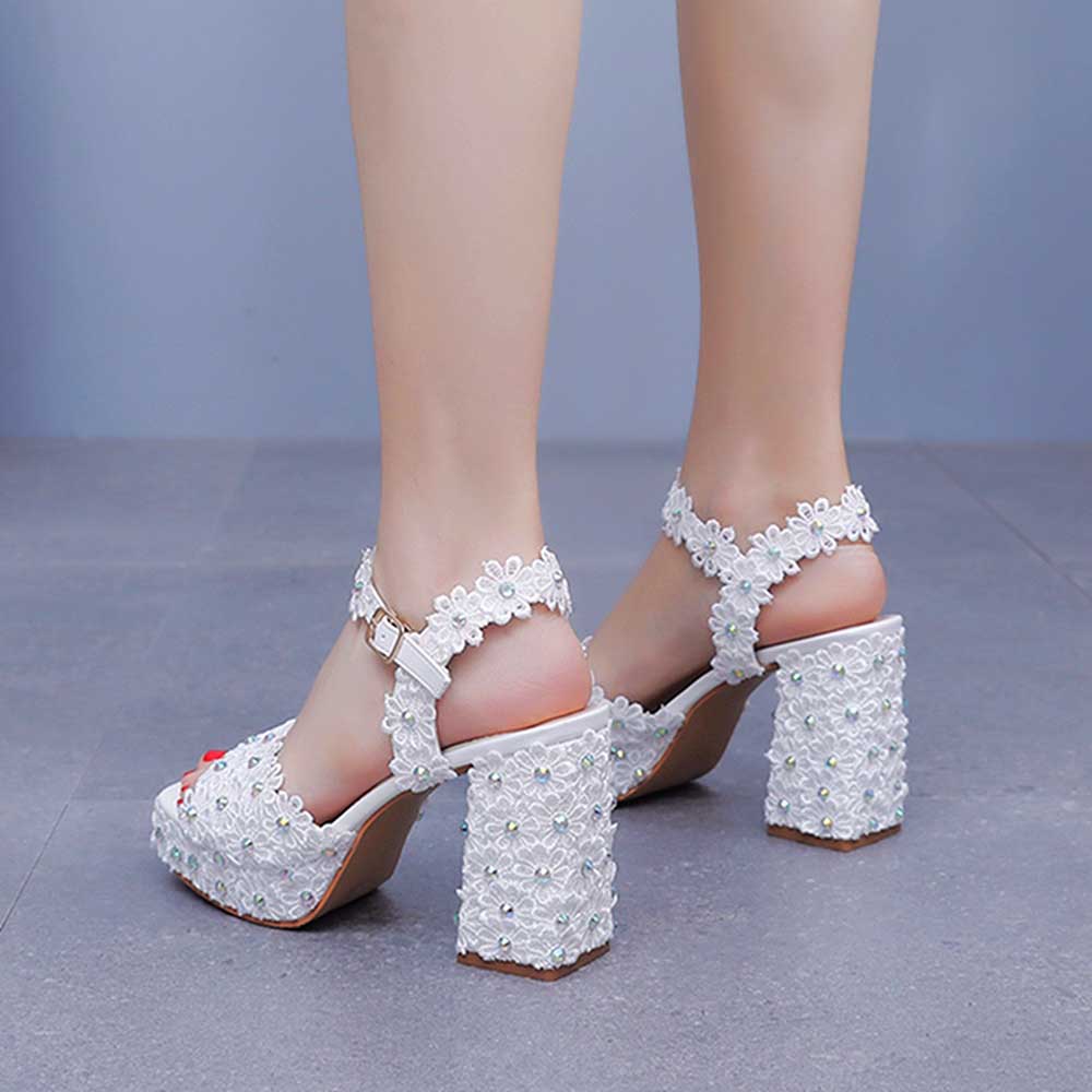 Platform Wedding Shoes Flower Appliqued Block Bridal Shoes