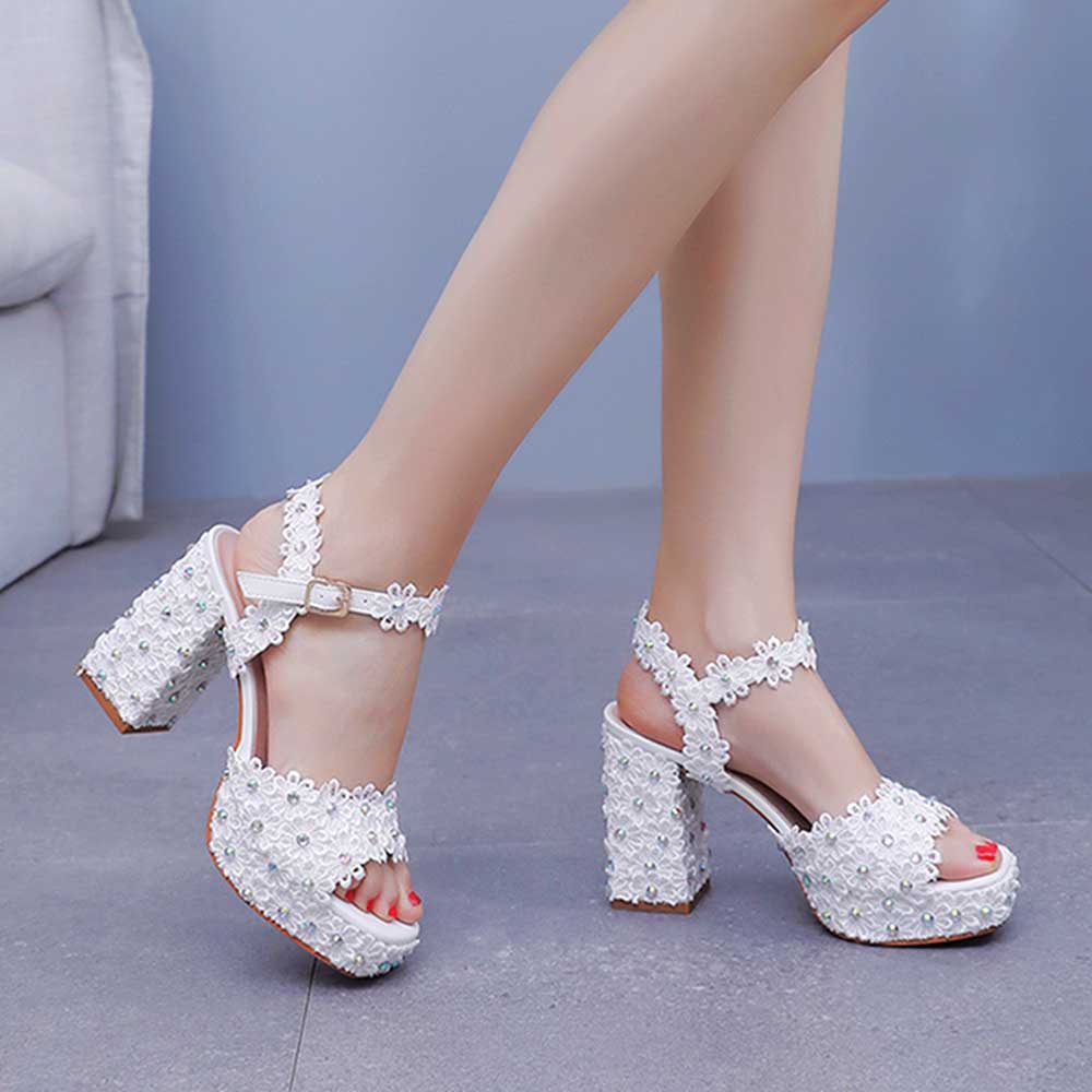 Platform Wedding Shoes Flower Appliqued Block Bridal Shoes