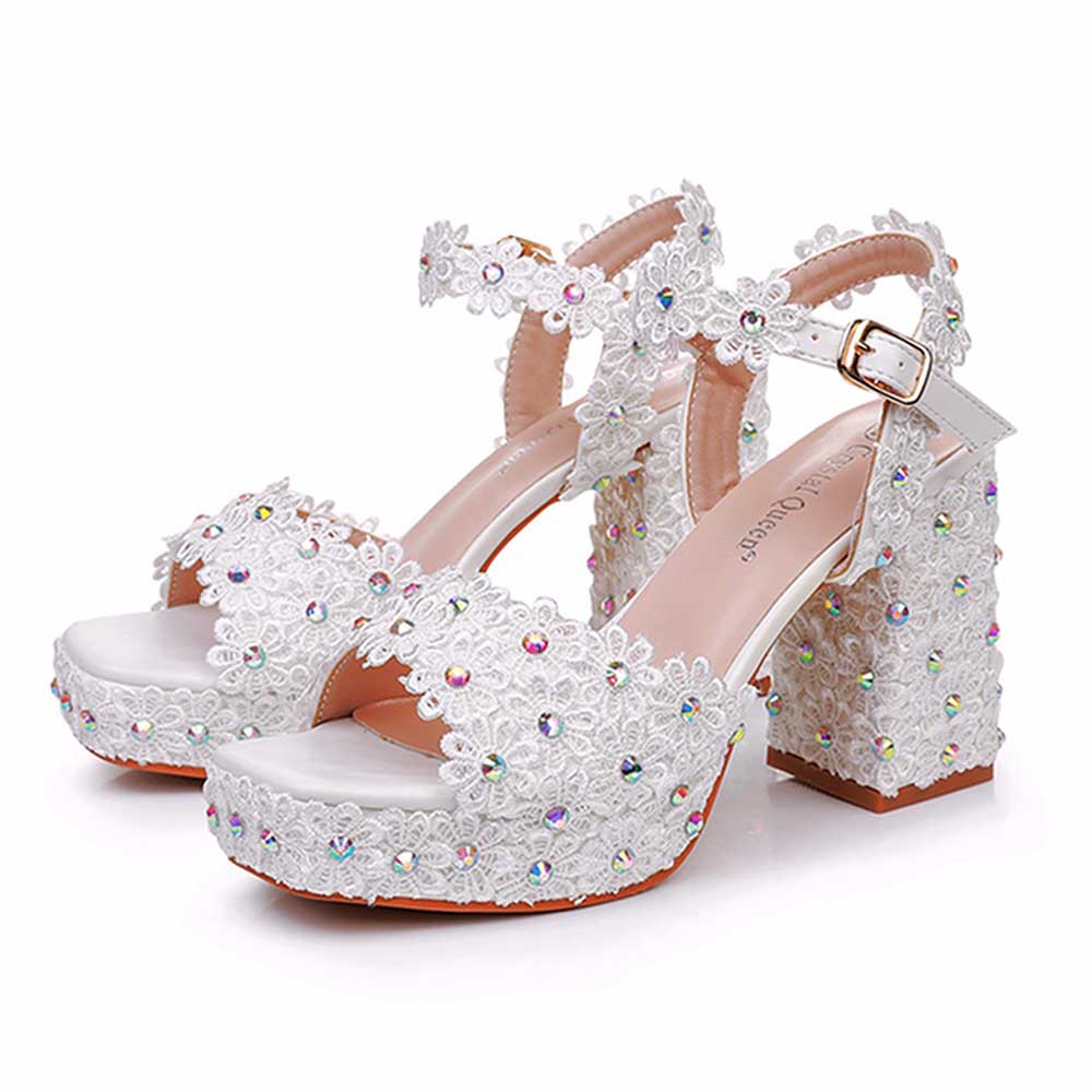 Platform Wedding Shoes Flower Appliqued Block Bridal Shoes