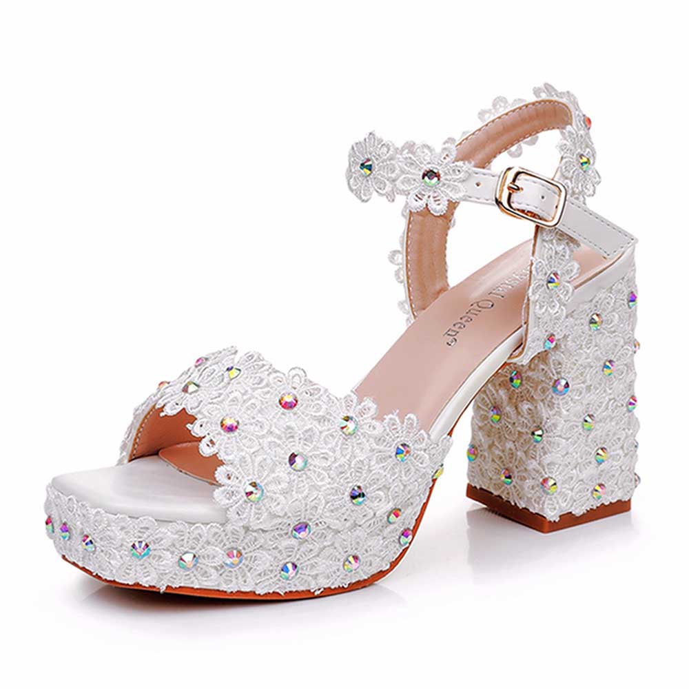 Platform Wedding Shoes Flower Appliqued Block Bridal Shoes