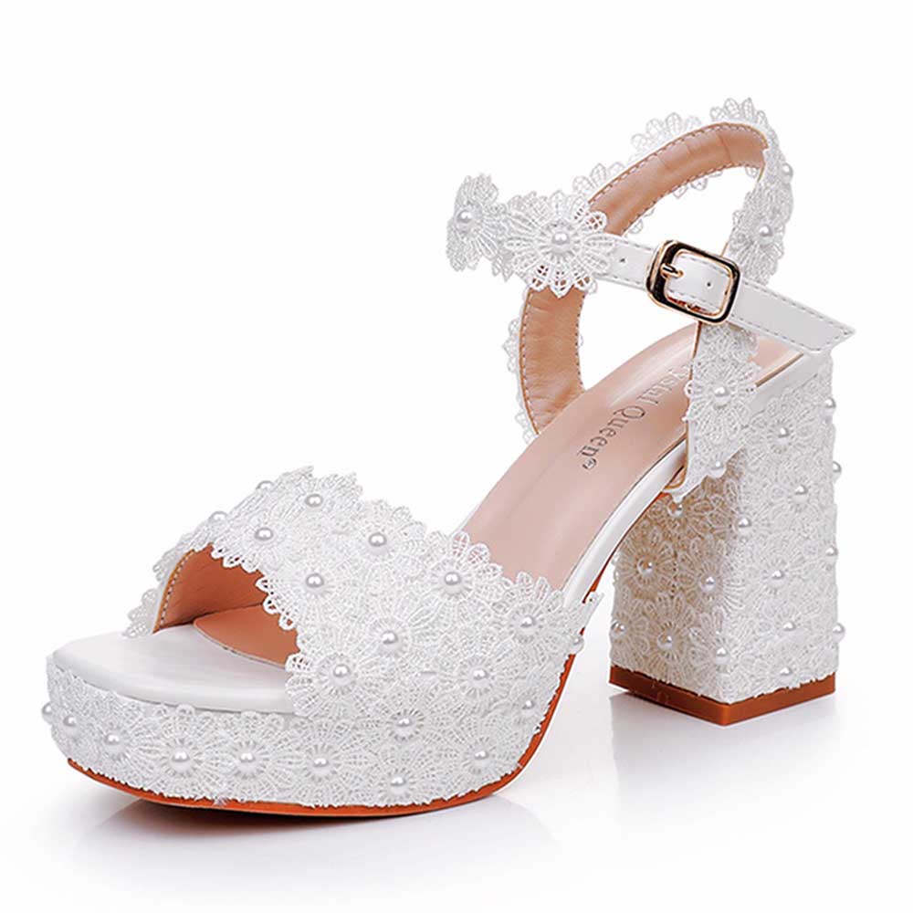 Platform Wedding Shoes Flower Appliqued Block Bridal Shoes