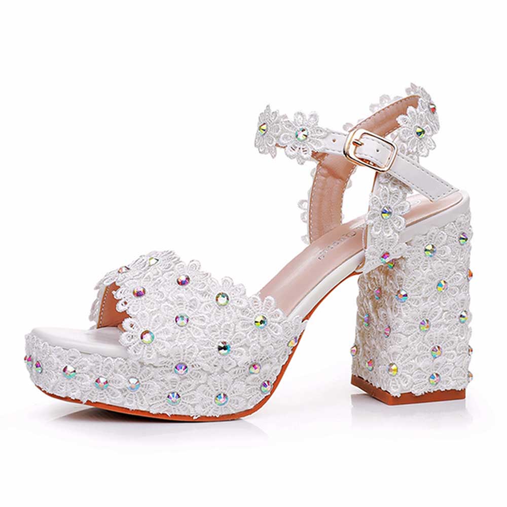 Platform Wedding Shoes Flower Appliqued Block Bridal Shoes