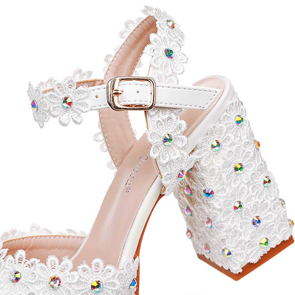 Platform Wedding Shoes Flower Appliqued Block Bridal Shoes