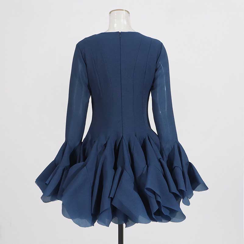 Pleated Square-Neck Ruffles Mini Dress Lotus Sleeves Event Dress