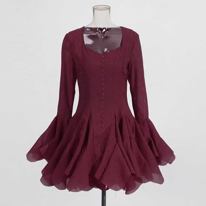 Pleated Square-Neck Ruffles Mini Dress Lotus Sleeves Event Dress