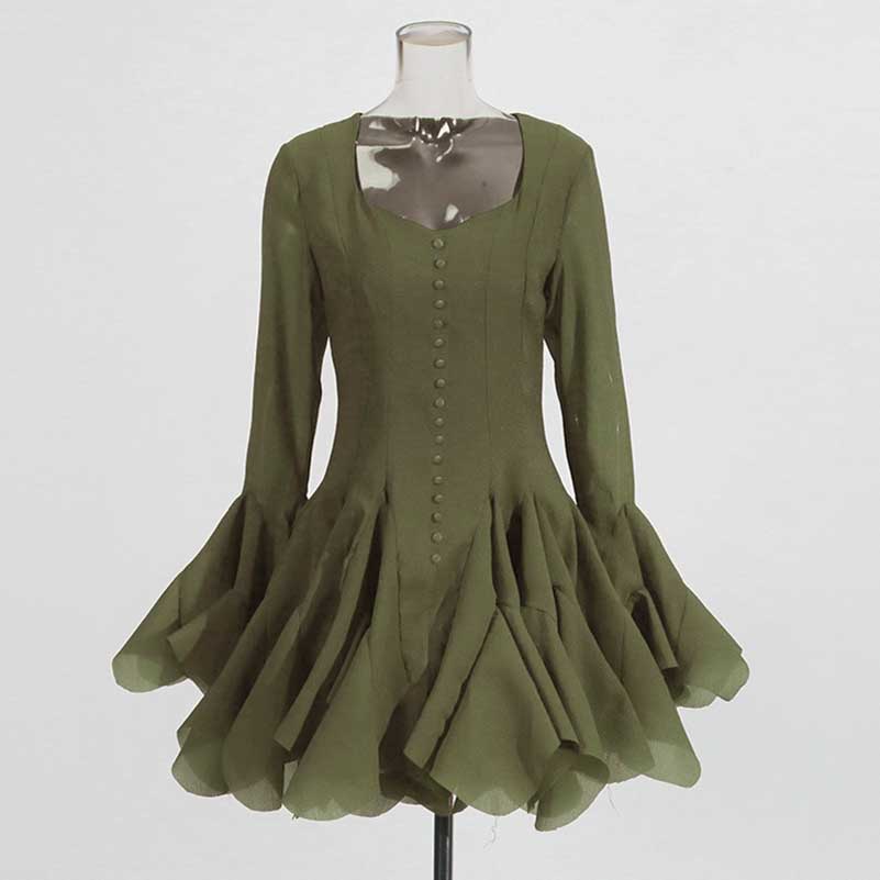 Pleated Square-Neck Ruffles Mini Dress Lotus Sleeves Event Dress