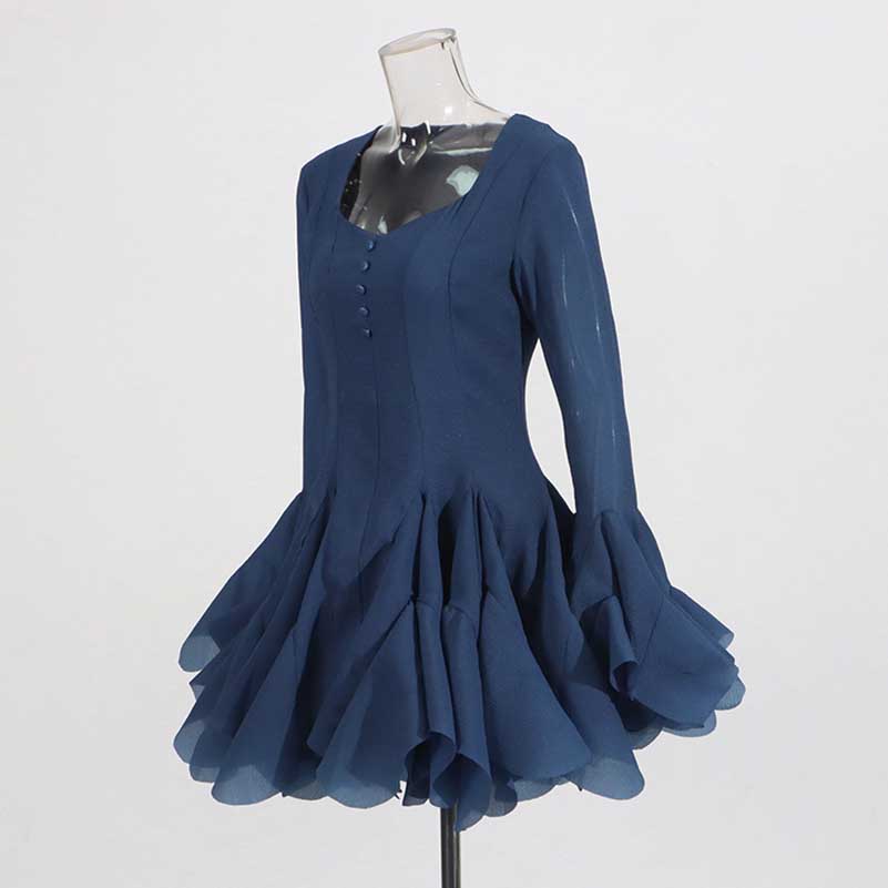 Pleated Square-Neck Ruffles Mini Dress Lotus Sleeves Event Dress