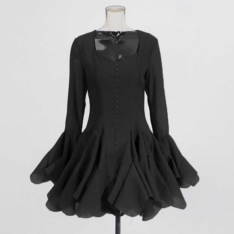 Pleated Square-Neck Ruffles Mini Dress Lotus Sleeves Event Dress