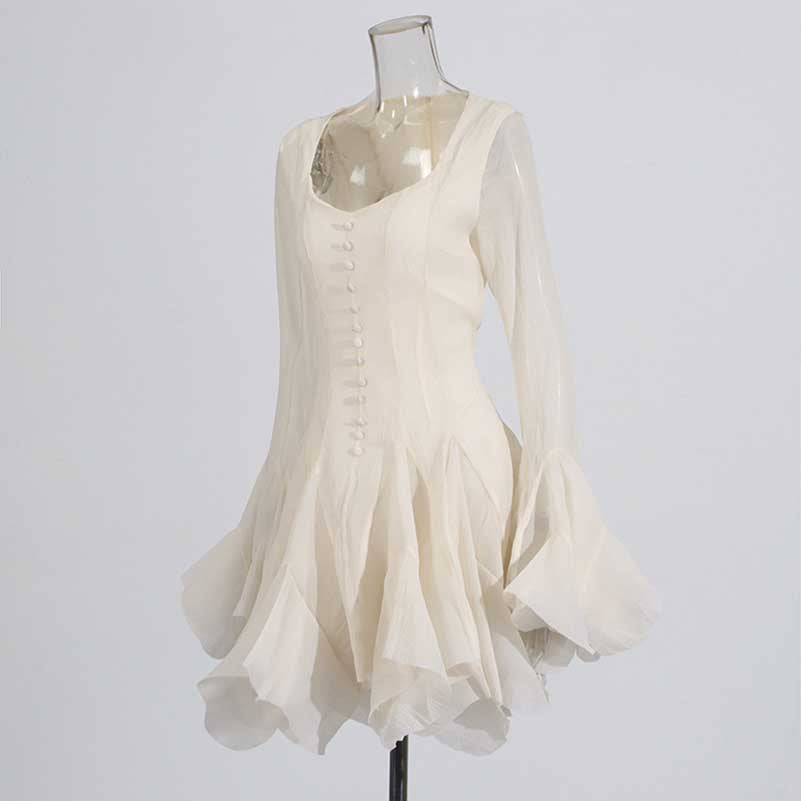 Pleated Square-Neck Ruffles Mini Dress Lotus Sleeves Event Dress
