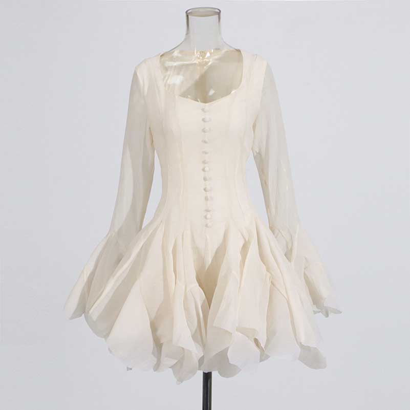 Pleated Square-Neck Ruffles Mini Dress Lotus Sleeves Event Dress