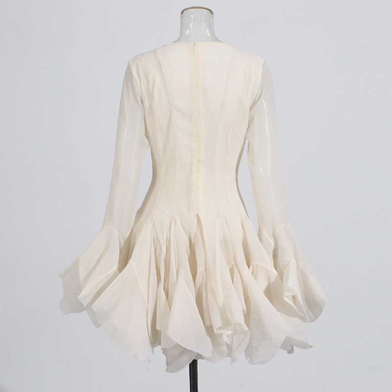Pleated Square-Neck Ruffles Mini Dress Lotus Sleeves Event Dress