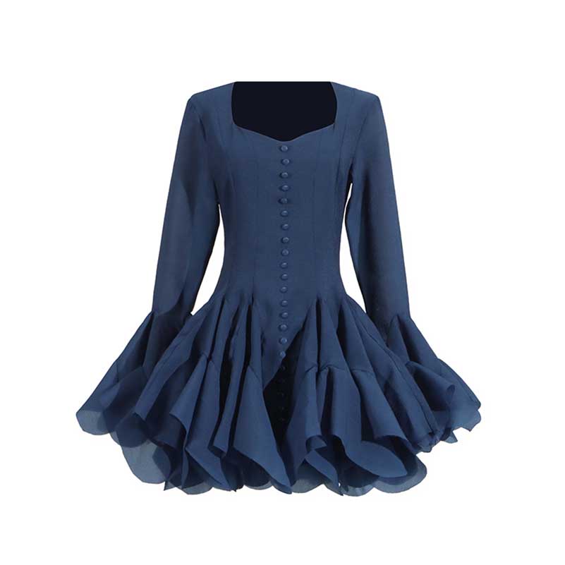 Pleated Square-Neck Ruffles Mini Dress Lotus Sleeves Event Dress