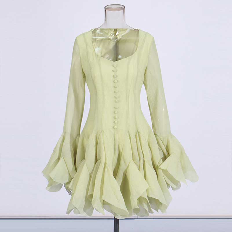 Pleated Square-Neck Ruffles Mini Dress Lotus Sleeves Event Dress